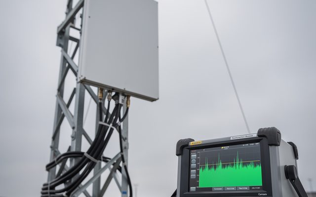 Engineer testing a directional antenna on a rooftop test rig with a spectrum analyzer