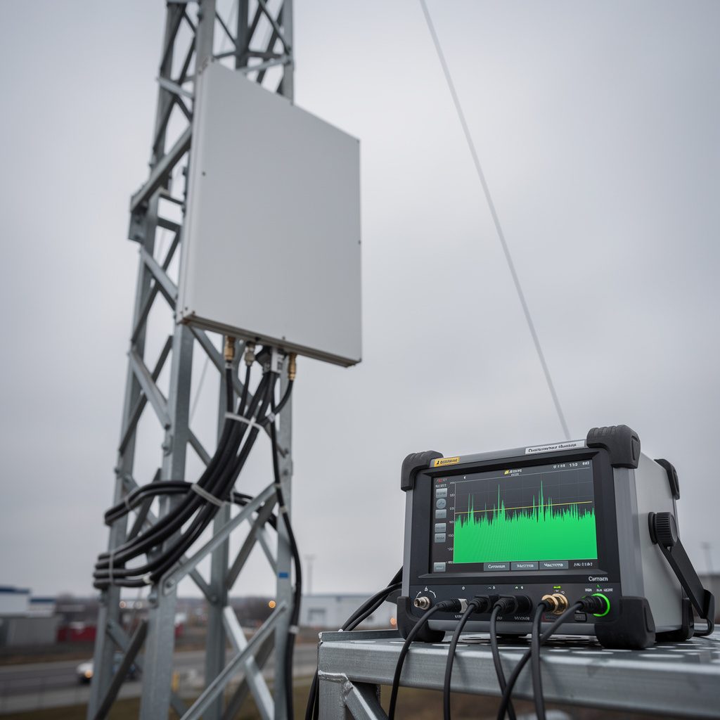 Engineer testing a directional antenna on a rooftop test rig with a spectrum analyzer