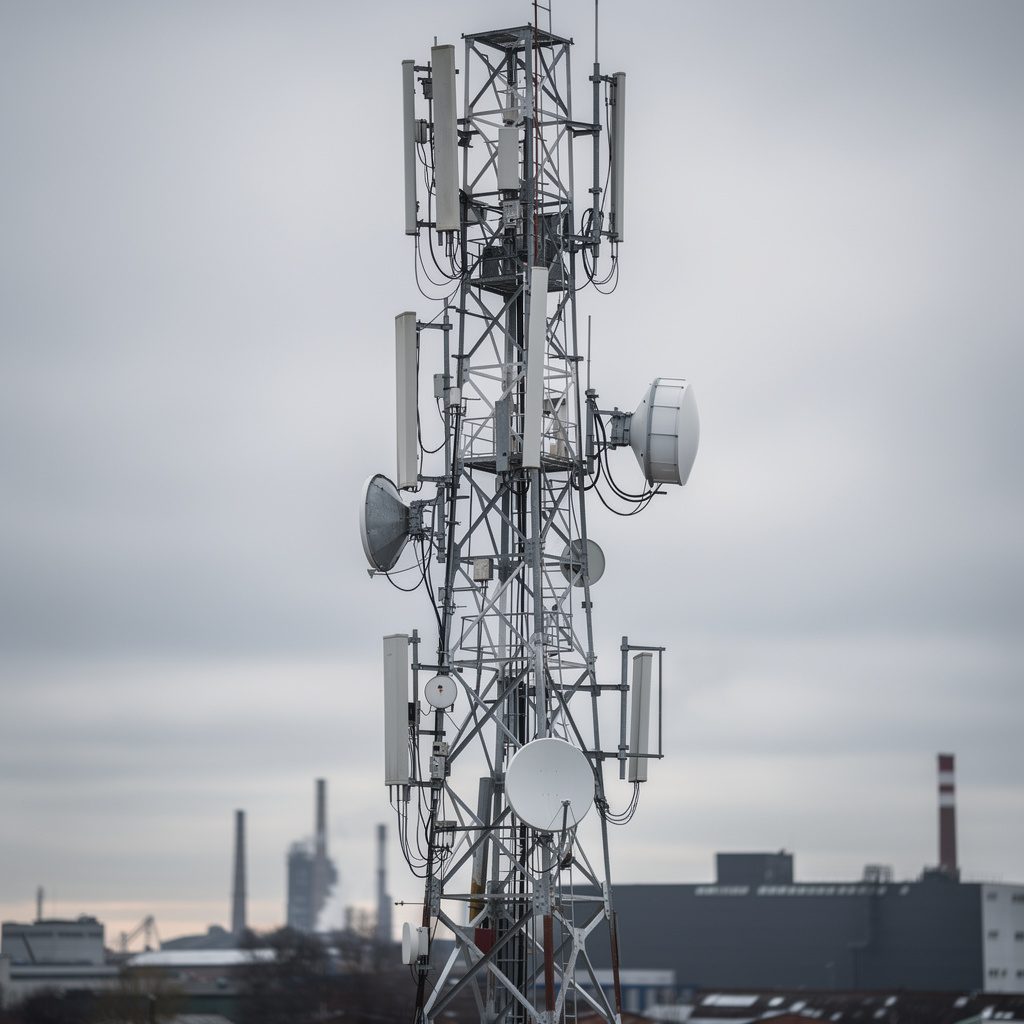 Industrial antennas mounted on a steel tower against an overcast sky