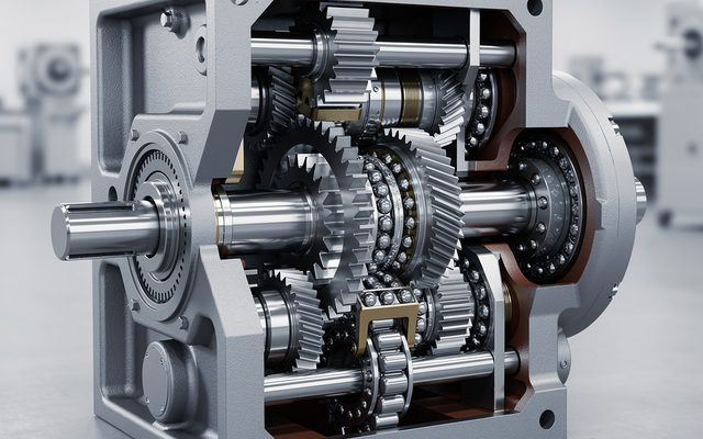 Cutaway view of an industrial helical gearbox showing internal gears and shafts