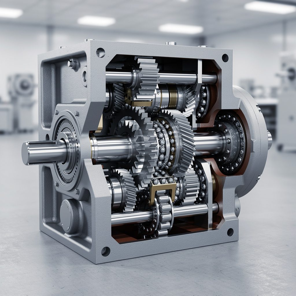 Cutaway view of an industrial helical gearbox showing internal gears and shafts
