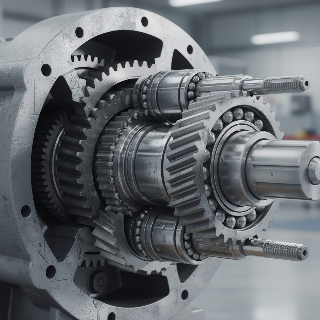 Cutaway view of an industrial helical gearbox showing internal gears and shafts