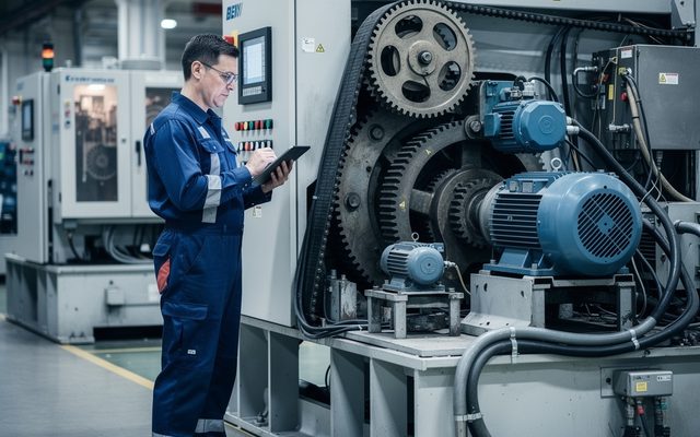 Maintenance technician inspecting industrial machinery on a factory floor