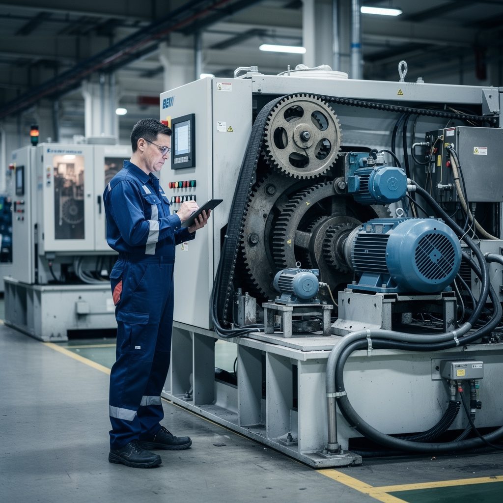 Maintenance technician inspecting industrial machinery on a factory floor