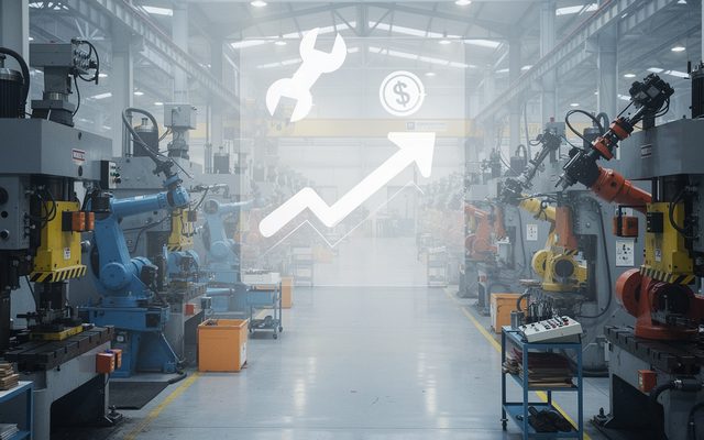 Industrial equipment on a factory floor with a cost breakdown overlay