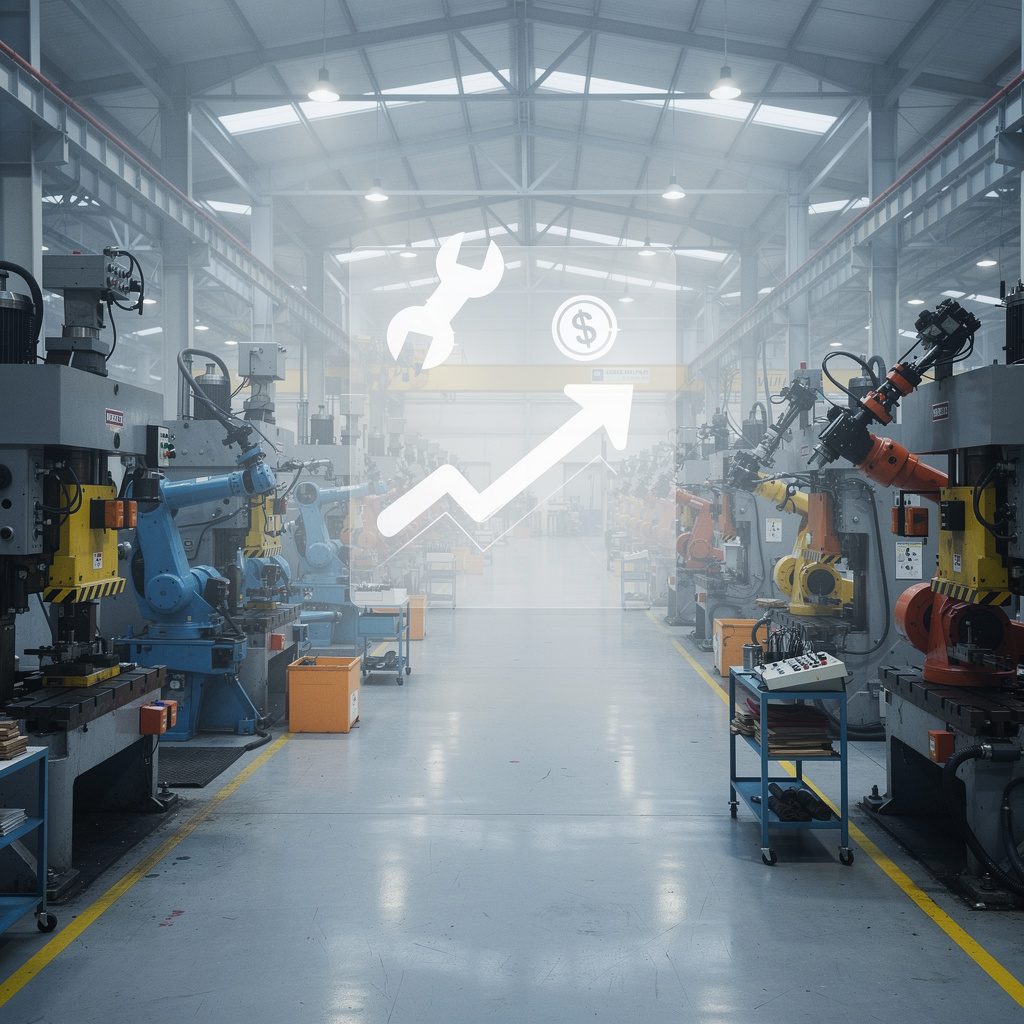 Industrial equipment on a factory floor with a cost breakdown overlay