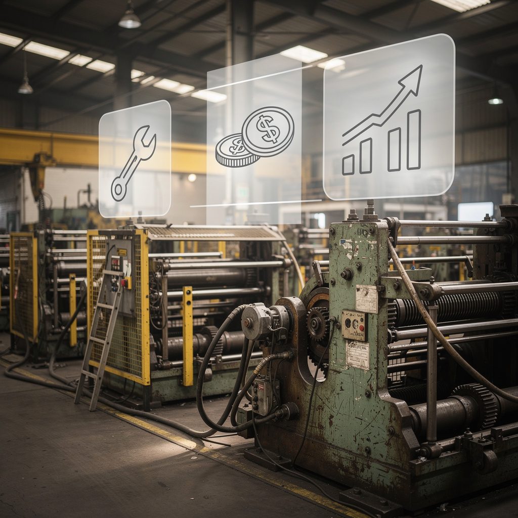 Industrial equipment on a factory floor with a cost breakdown overlay