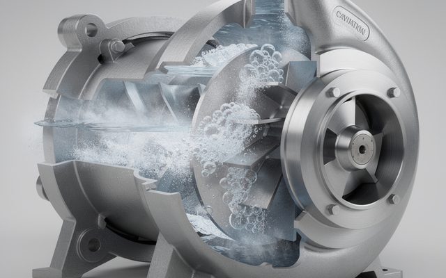 Cutaway diagram of a centrifugal pump showing vapor bubbles collapsing near the impeller