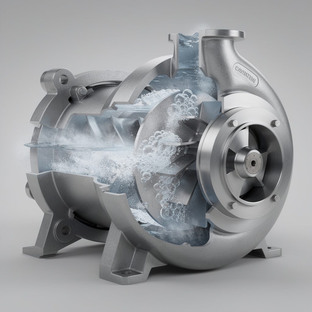 Cutaway diagram of a centrifugal pump showing vapor bubbles collapsing near the impeller