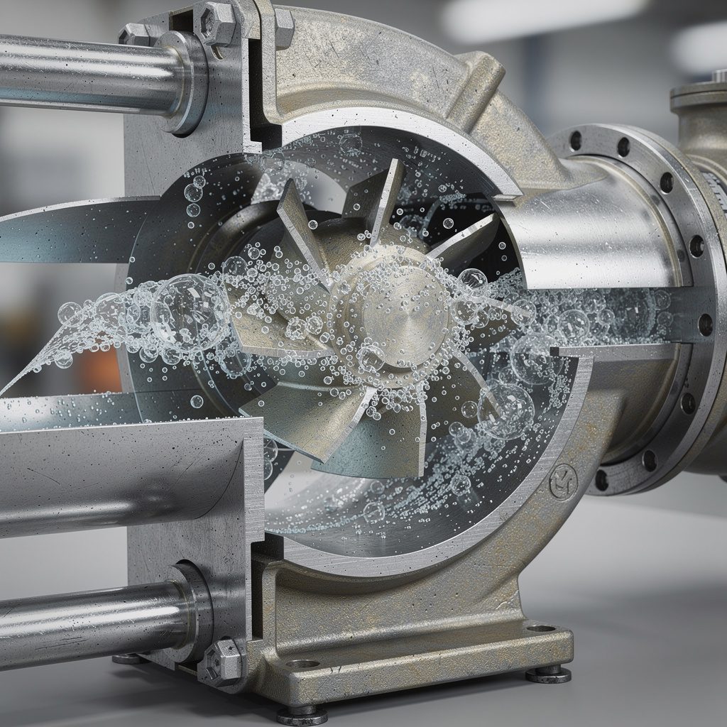 Cutaway diagram of a centrifugal pump showing vapor bubbles collapsing near the impeller