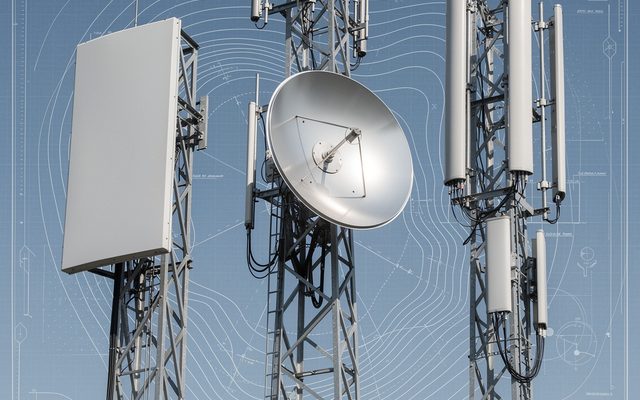 Different industrial antenna types mounted on steel towers