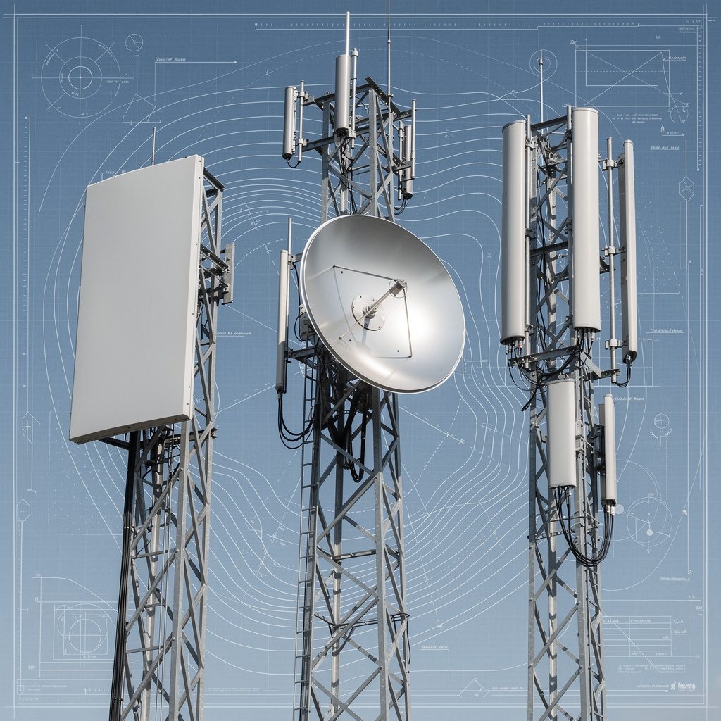 Different industrial antenna types mounted on steel towers